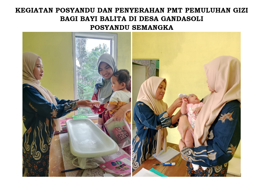 KEGIATAN POSYANDU DAN PENYERAHAN PMT PEMULUHAN GIZI  BAGI BAYI BALITA DI DESA GANDASOLI POSYANDU SEMANGKA